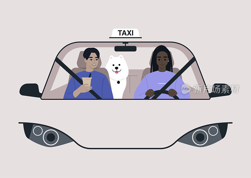 A front view of a taxi cab, a driver and a passenger on a front seat with a dog on a backseat, urban lifestyle